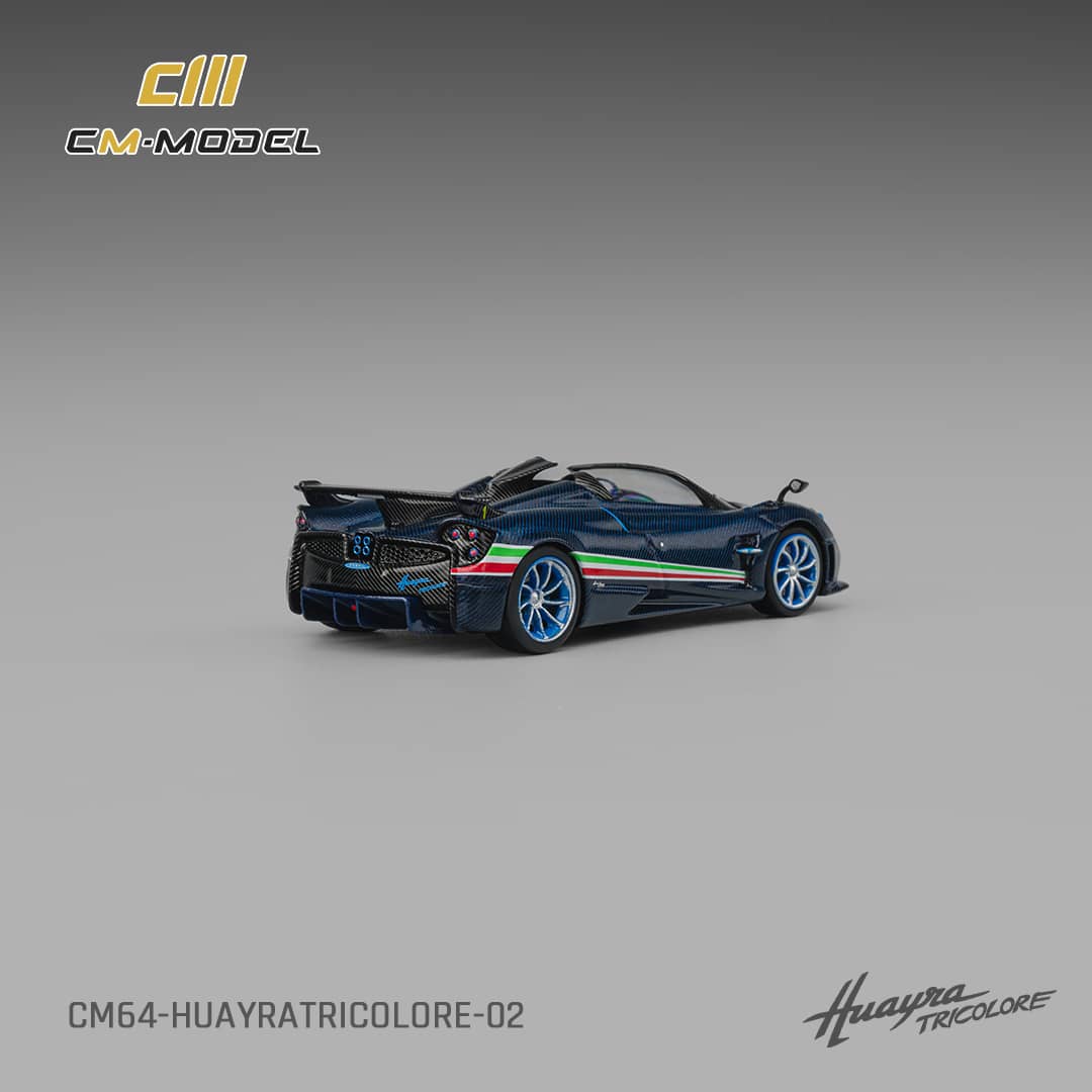[ETA:  Mar 2026 ] CM Model 1/64 Pagani  Huayra Tricolore Roadster - Carbon Blue with Italia Flag Strips