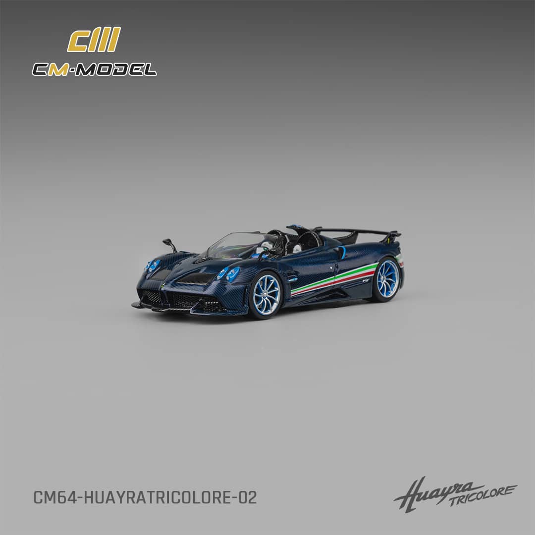 [ETA:  Mar 2026 ] CM Model 1/64 Pagani  Huayra Tricolore Roadster - Carbon Blue with Italia Flag Strips