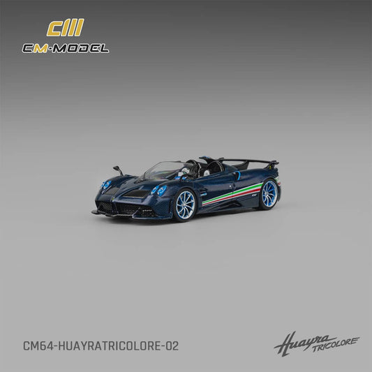 [ETA:  Mar 2026 ] CM Model 1/64 Pagani  Huayra Tricolore Roadster - Carbon Blue with Italia Flag Strips