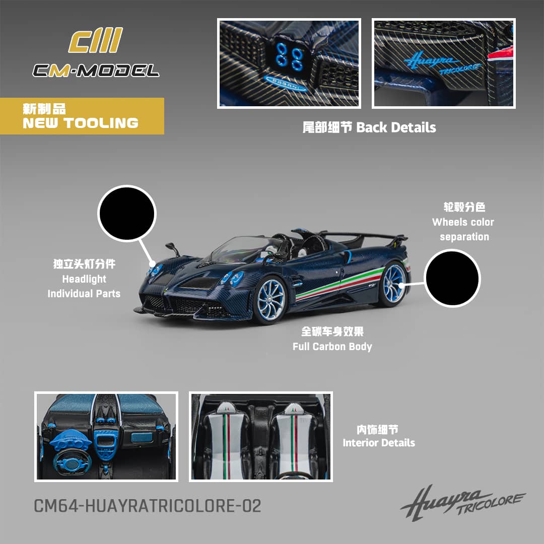 [ETA:  Mar 2026 ] CM Model 1/64 Pagani  Huayra Tricolore Roadster - Carbon Blue with Italia Flag Strips