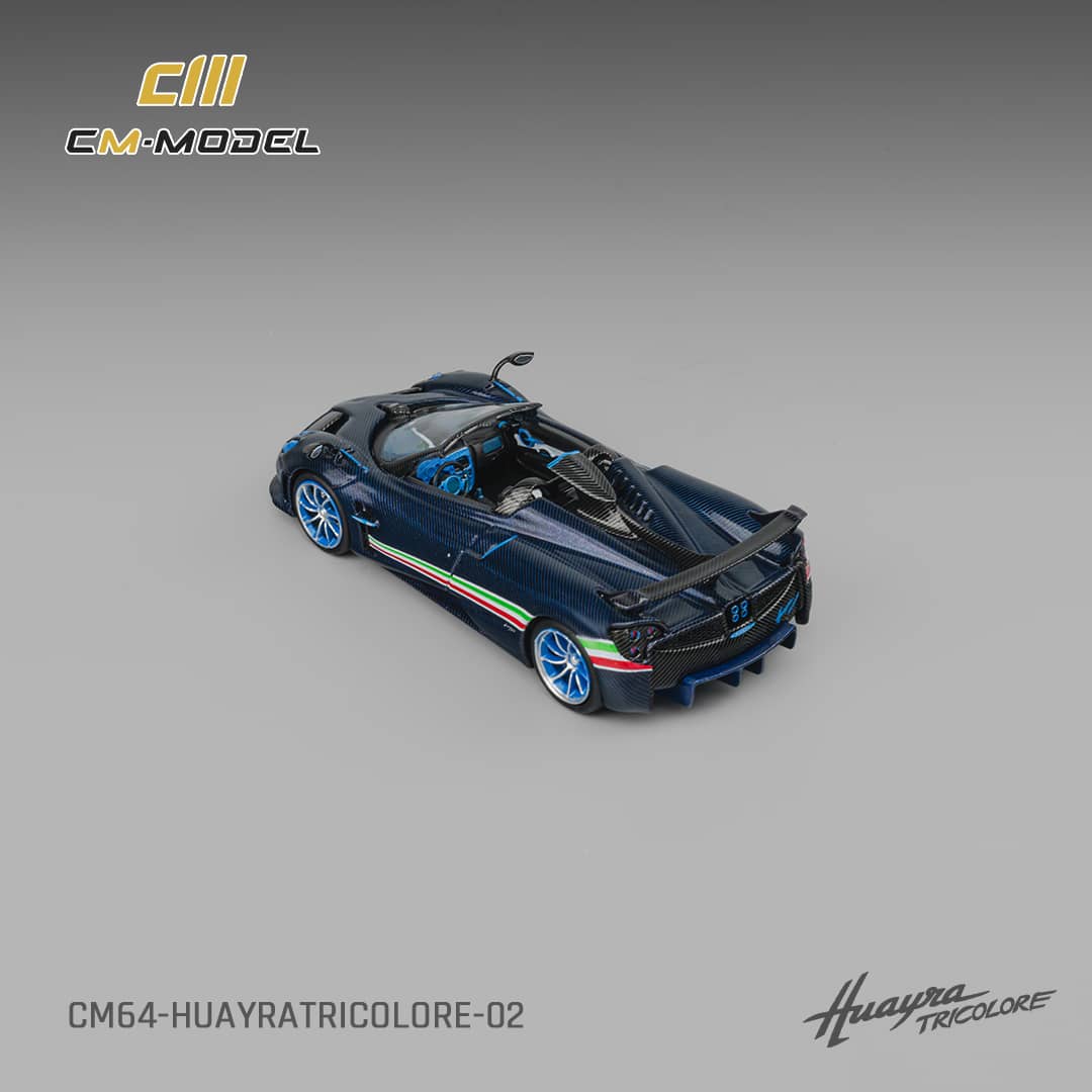 [ETA:  Mar 2026 ] CM Model 1/64 Pagani  Huayra Tricolore Roadster - Carbon Blue with Italia Flag Strips