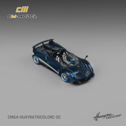 [ETA:  Mar 2026 ] CM Model 1/64 Pagani  Huayra Tricolore Roadster - Carbon Blue with Italia Flag Strips