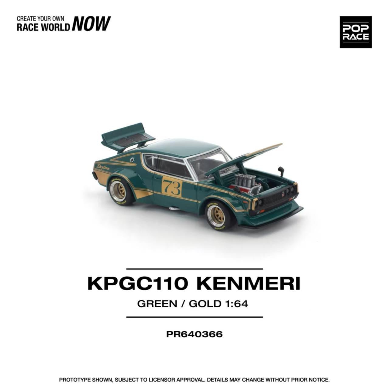 [ETA:  May 2026 ] Pop Race 1/64 Skyline GT-R KPGC110 Kenmeri V8 Drift Modified Green-Gold 73# Livery