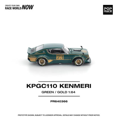 [ETA:  May 2026 ] Pop Race 1/64 Skyline GT-R KPGC110 Kenmeri V8 Drift Modified Green-Gold 73# Livery