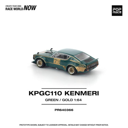 [ETA:  May 2026 ] Pop Race 1/64 Skyline GT-R KPGC110 Kenmeri V8 Drift Modified Green-Gold 73# Livery