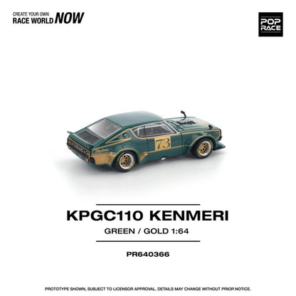 [ETA:  May 2026 ] Pop Race 1/64 Skyline GT-R KPGC110 Kenmeri V8 Drift Modified Green-Gold 73# Livery