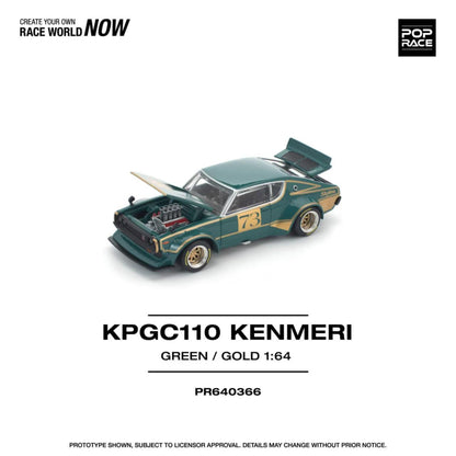 [ETA:  May 2026 ] Pop Race 1/64 Skyline GT-R KPGC110 Kenmeri V8 Drift Modified Green-Gold 73# Livery