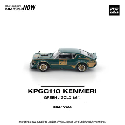 [ETA:  May 2026 ] Pop Race 1/64 Skyline GT-R KPGC110 Kenmeri V8 Drift Modified Green-Gold 73# Livery