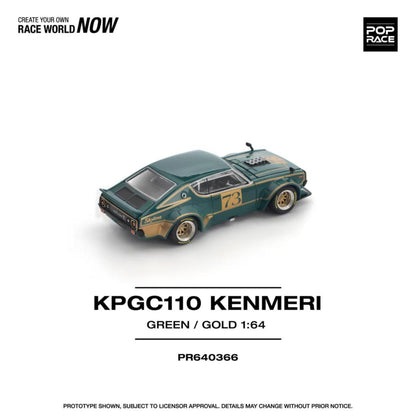 [ETA:  May 2026 ] Pop Race 1/64 Skyline GT-R KPGC110 Kenmeri V8 Drift Modified Green-Gold 73# Livery