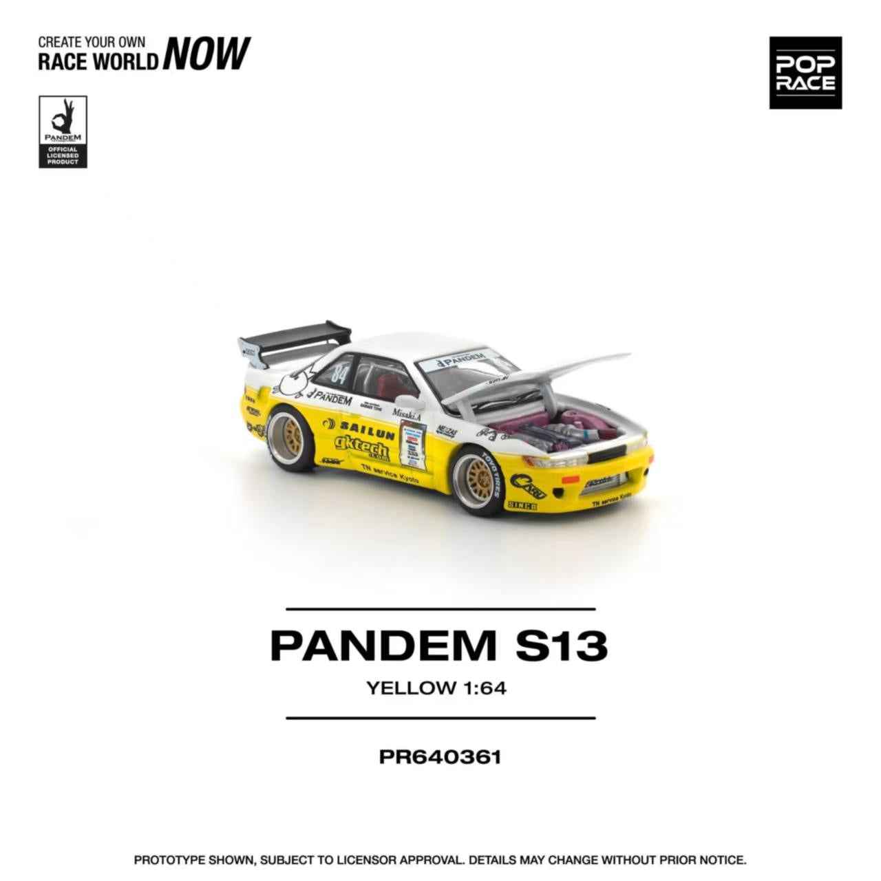 [ETA:  May 2026 ] Pop Race 1/64 S13 Silvia Pandem Rocket Bunny Yellow-White