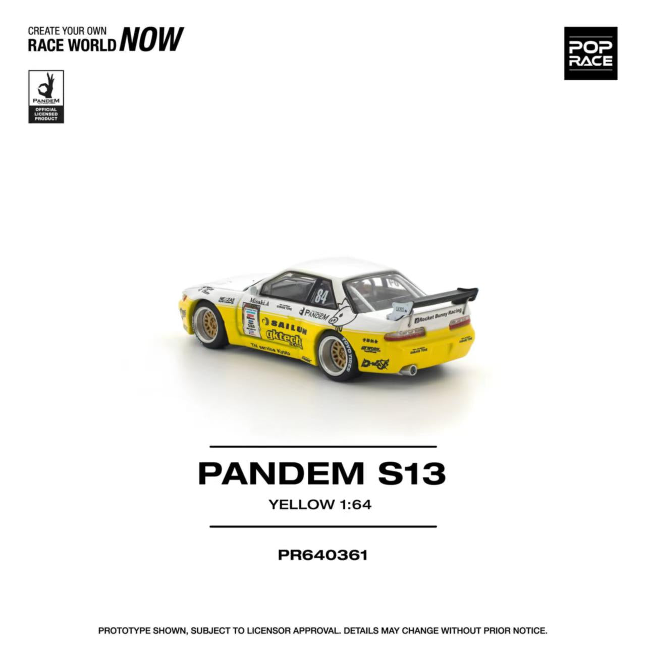 [ETA:  May 2026 ] Pop Race 1/64 S13 Silvia Pandem Rocket Bunny Yellow-White