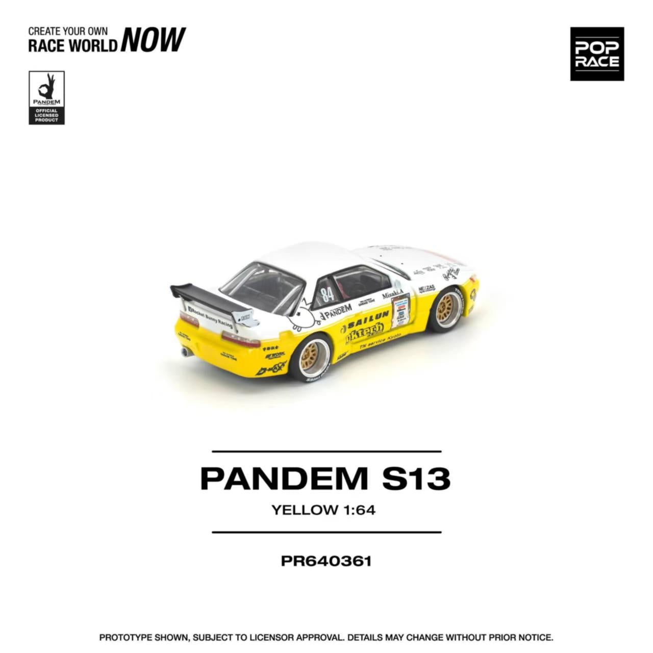 [ETA:  May 2026 ] Pop Race 1/64 S13 Silvia Pandem Rocket Bunny Yellow-White