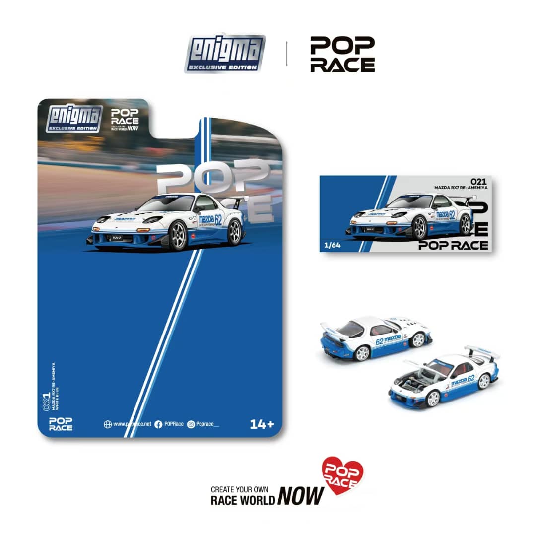 [ETA:  Aug 2026 ] Enigma x Pop Race 1:64 Diecast Model 1/64 RX-7 FC3S RE Amemiya Modified White-Blue 62# Livery 
Blister Card Version