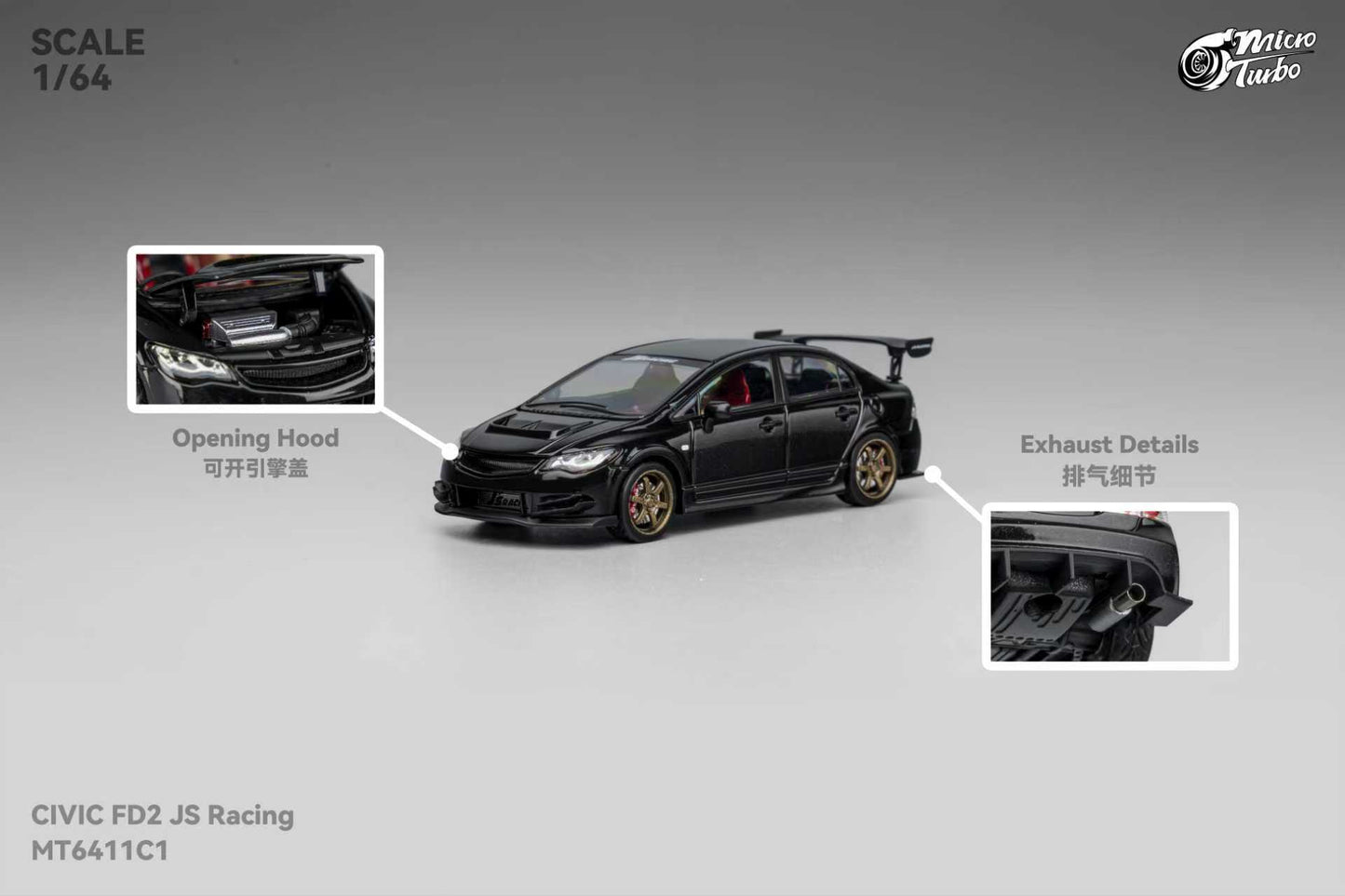 [ETA:  Mar 2026 ] Microturbo 1/64 Civic FD2 J's Racing Modified Metallic Black Color