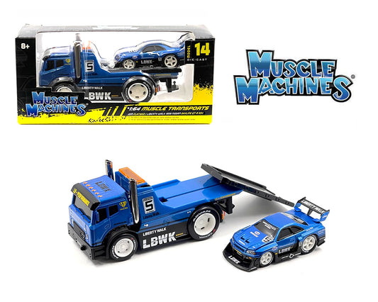 Muscle Machines 1/64 JDM Flatbed Truck with Liberty Walk 1999 Nissan Skyline GT-R R34 – Blue – Transport
