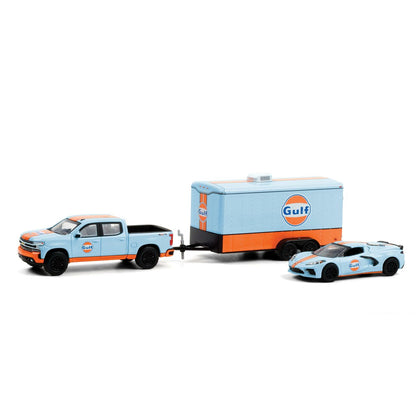 1:64 Racing Hitch & Tow Series 3 -  2021 Chevrolet Silverado and 2021 Corvette C8 Stingray with Enclosed Car Hauler