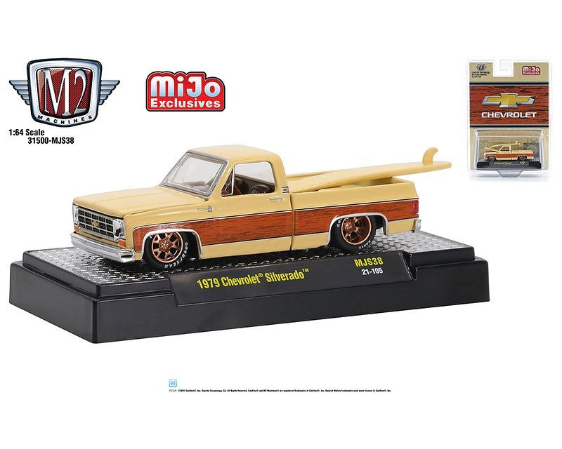 M2 1:64 Mijo Exclusive - 1979 Chevy Silverado Surf Board – Black Ice Diecast