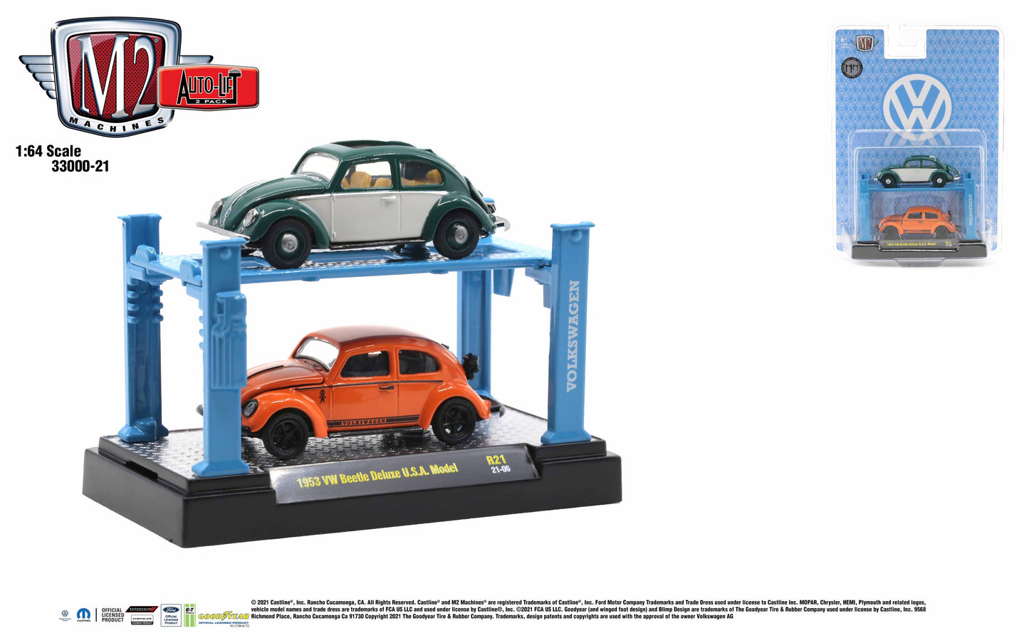 M2 Machines 1:64  2-Pack  Auto-Lift Release 21 - 1953 VW Beetle Deluxe U.S.A. Model