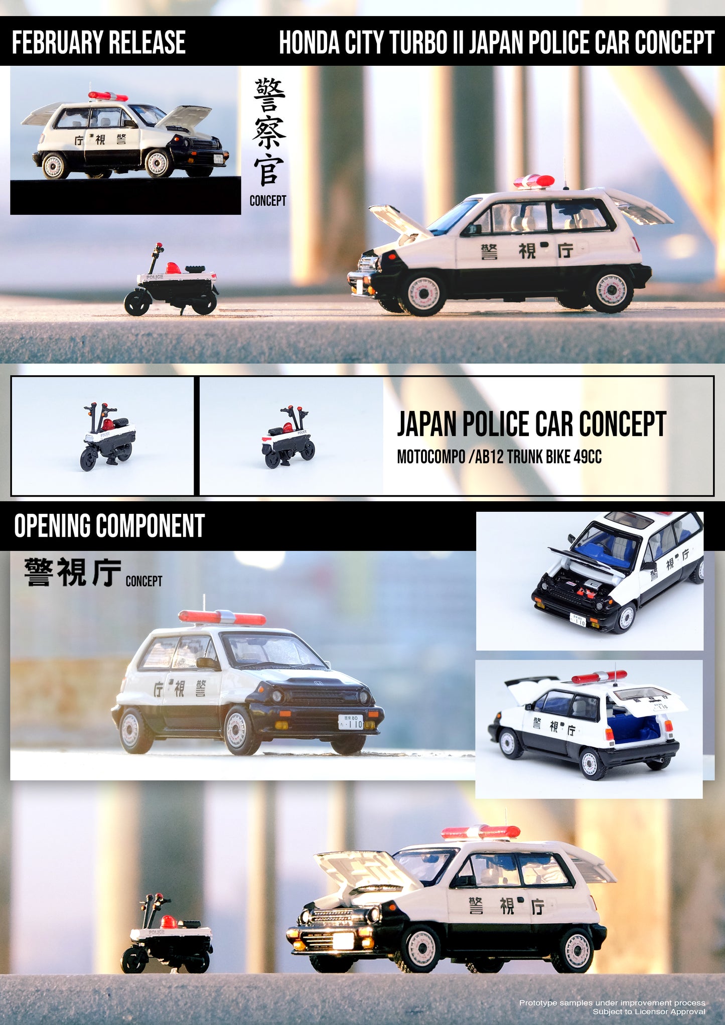 Inno64 1:64 HONDA CITY TURBO II Japanese Police Car Concept Livery With MOTOCOMPO