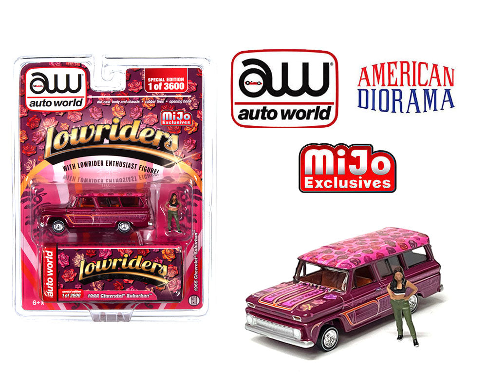 Auto World x American Diorama 1:64 1957 Chevrolet Suburban Lowrider With Figure - Pink -  Mijo Exclusives