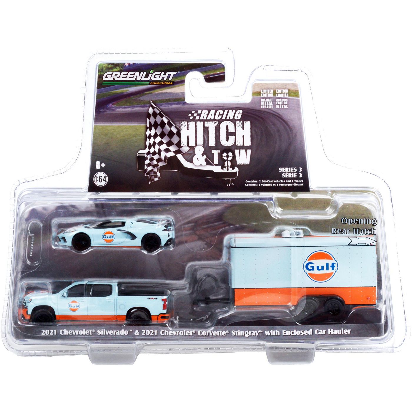 1:64 Racing Hitch & Tow Series 3 -  2021 Chevrolet Silverado and 2021 Corvette C8 Stingray with Enclosed Car Hauler