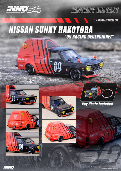 Inno64 1/64 NISSAN SUNNY HAKOTORA "09 RACING" DECEPCIONEZ Special Packaging and Key Chain gift included