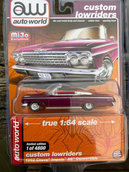 Auto World 1:64 Mijo Exclusives Custom Lowriders 1962 Chevy Impala SS Convertible Plum Limited Edition