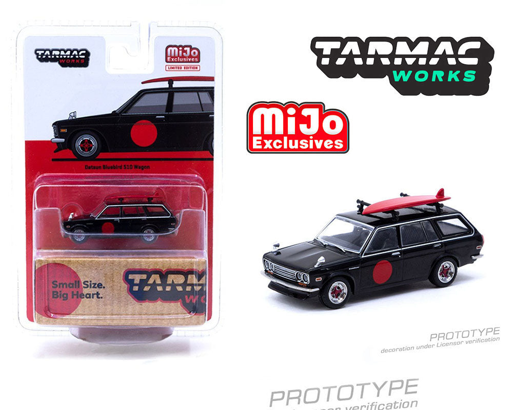 Tarmac Works 1/64 Datsun 510 Wagon Black with Surfboard - Mijo Exclusive