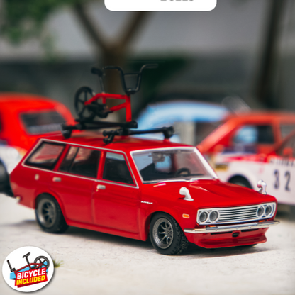Tarmac Works 1/64 Datsun Bluebird 510 Wagon RedBicycle with roof rack included