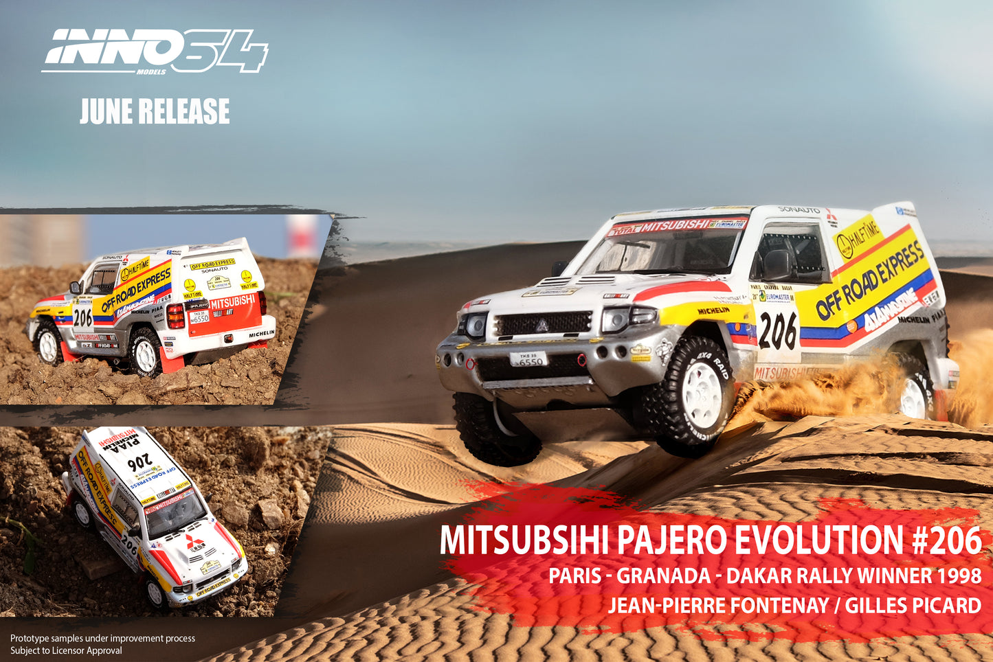 Inno64 1:64 MITSUBISHI PAJERO EVOLUTION #206 "OFF ROAD EXPRESS" Paris-Granada-Dakar 1998 Winner