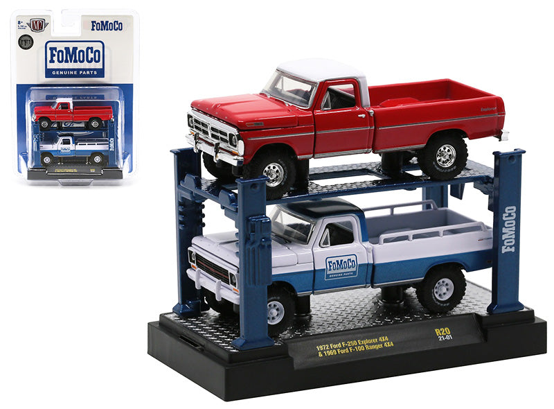 M2 Machines 1:64 FoMoCo Genuine Parts - 1972 Ford F-250 Explorer 4x4 and 1969 Ford F-100 Ranger 4x4 with Auto-Lift